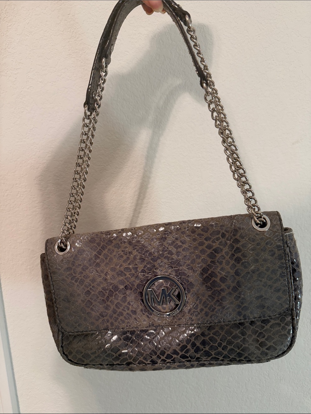 Michael Kors Gray Snake-Embossed Chain Shoulder Bag with MK Medallion